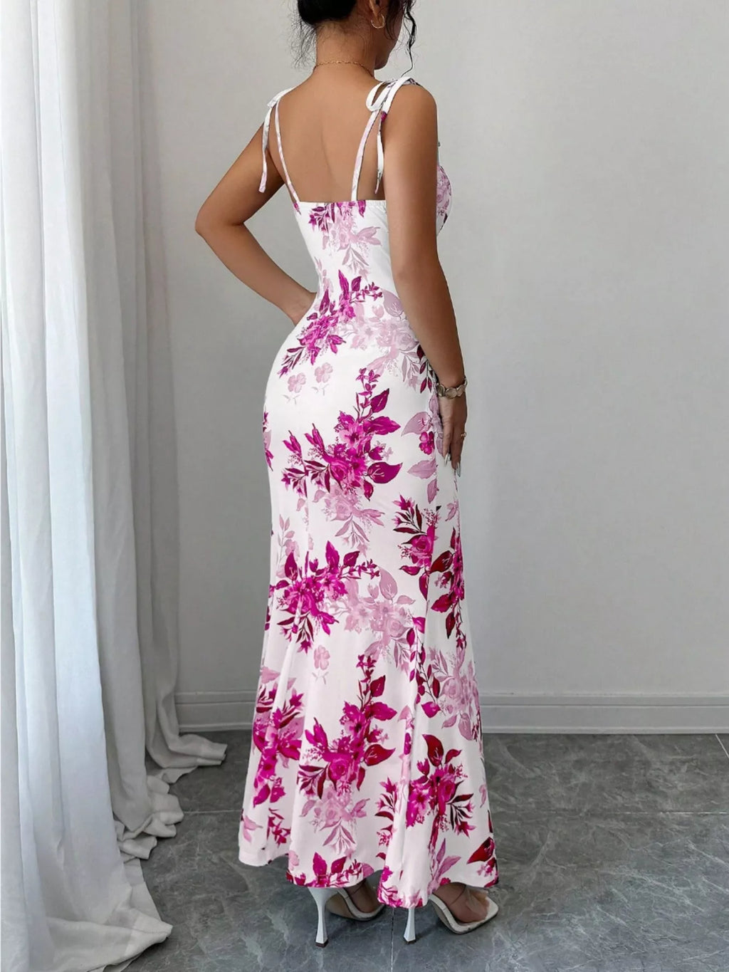 Printed Tie Strap Slit Maxi Dress