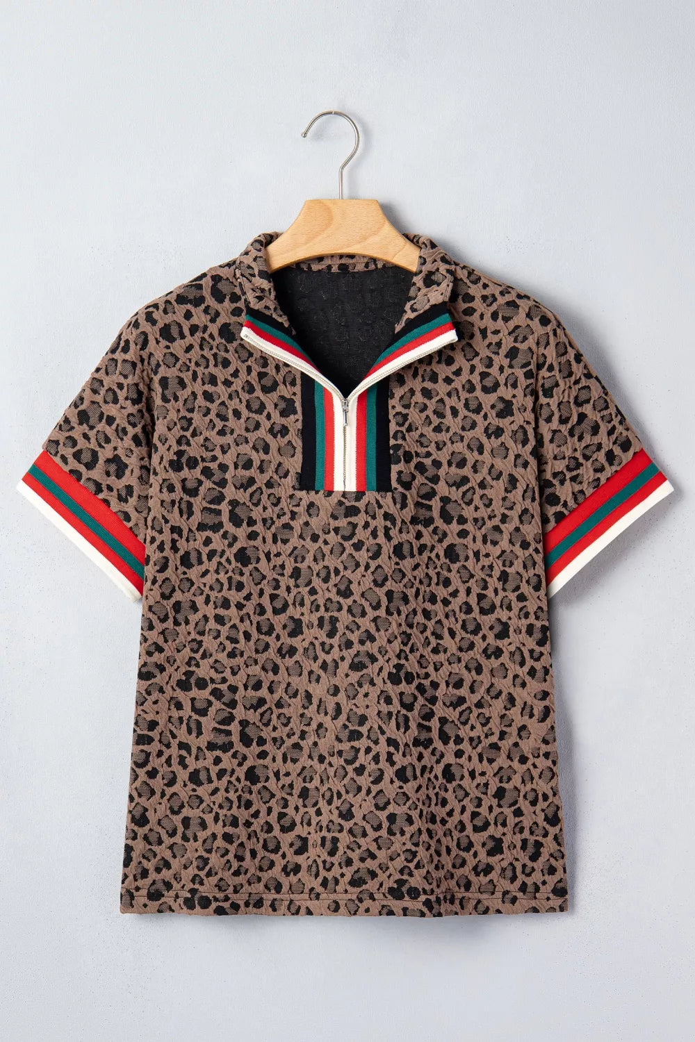 Leopard Jacquard Striped Patchwork Half Zip Short Sleeve Blouse