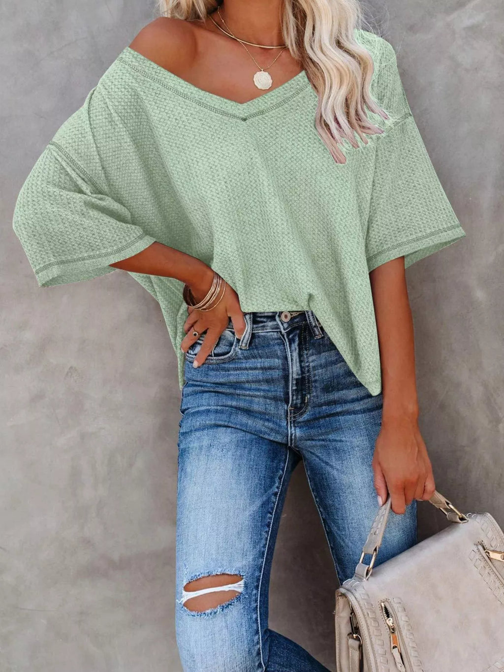 Waffle Knit V-Neck Short Sleeve T-Shirt