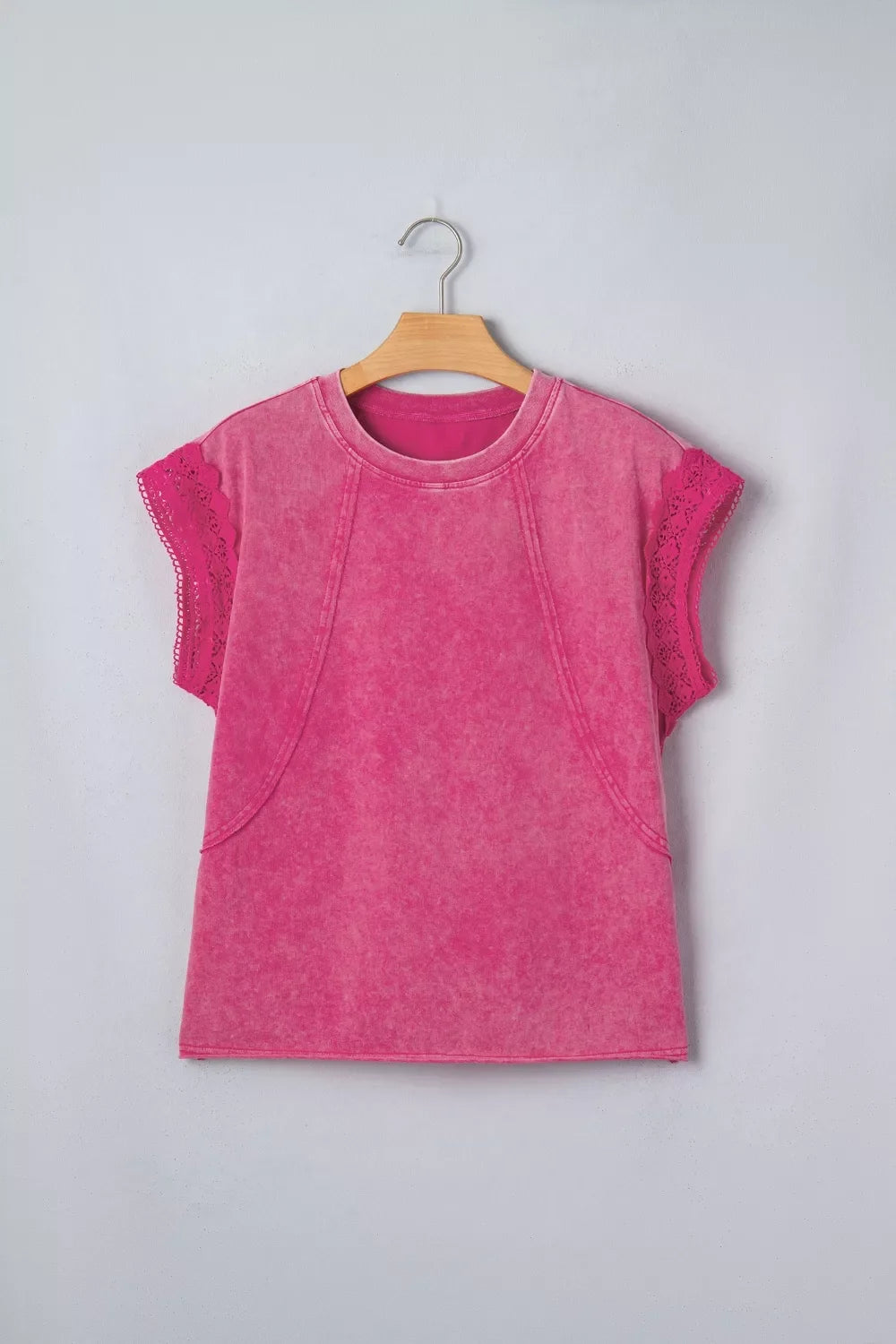 Mineral Wash Raw Seam Detail Lace Trim Cap Sleeve Top