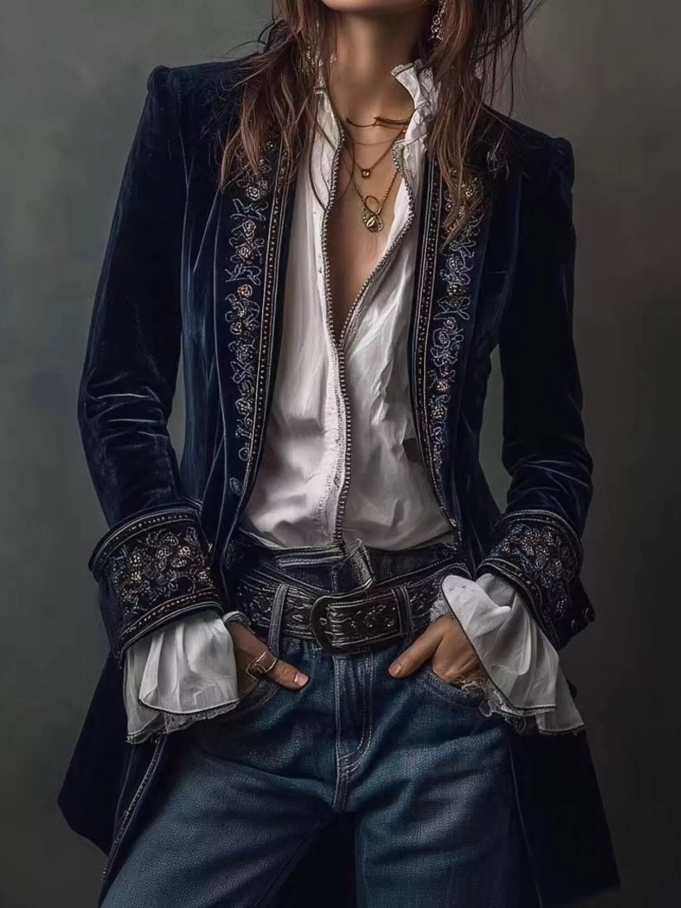 Embroidered Velvet Long Sleeve Outerwear