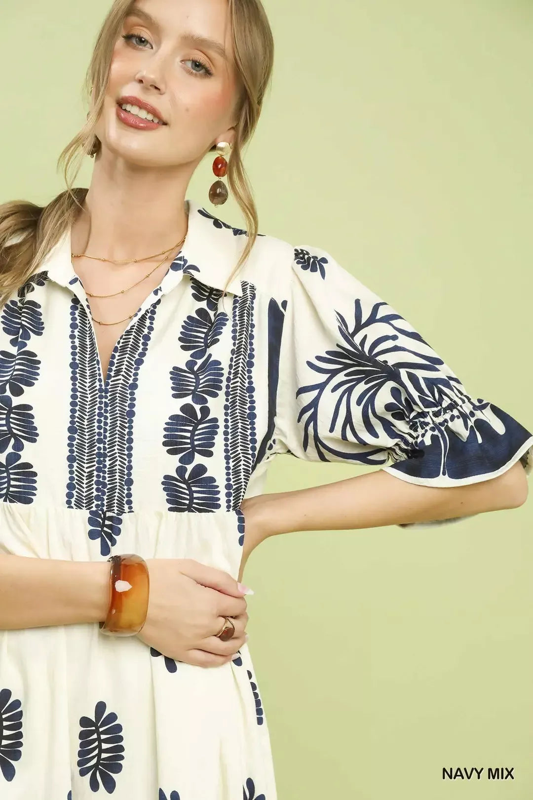 Umgee Border Print Midi Dress with Puff Sleeves