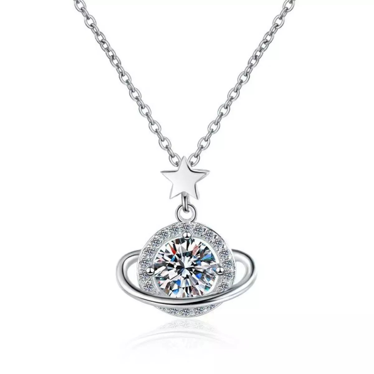 1 Carat 925 Sterling Silver Moissanite Planet Pendant Necklace