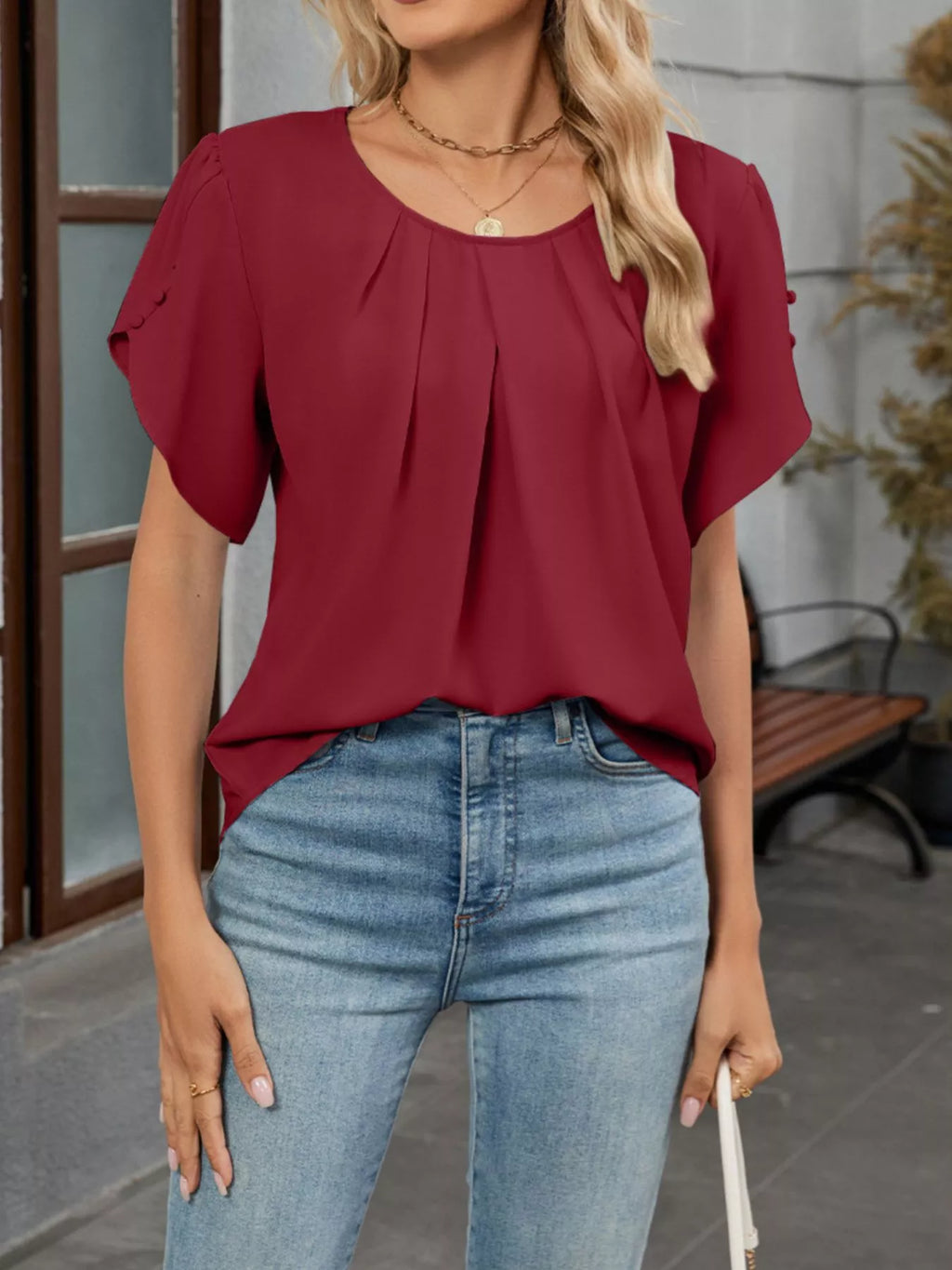 Elegant Pleated Flowy Short Sleeve Blouse