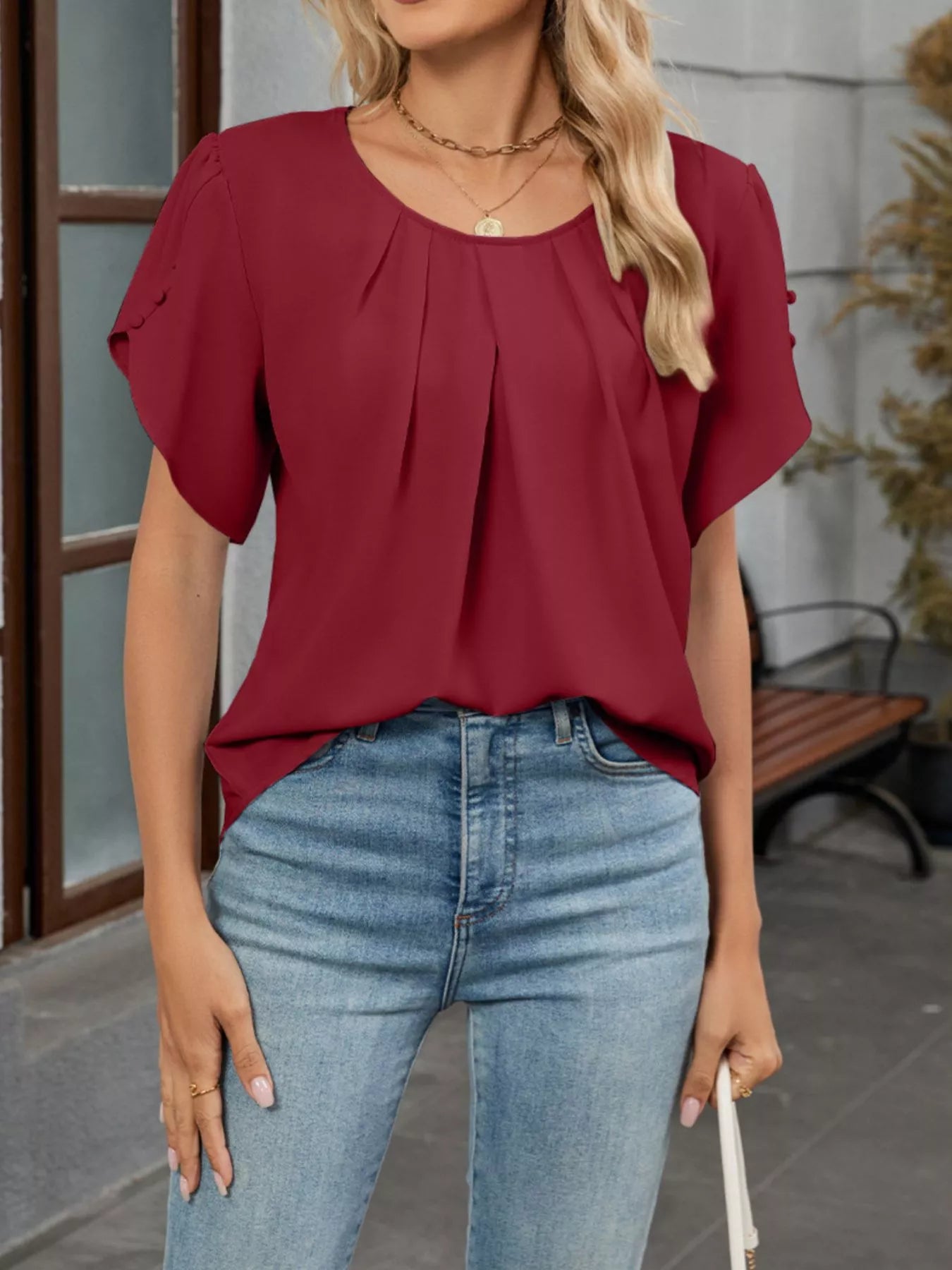Elegant Pleated Flowy Short Sleeve Blouse