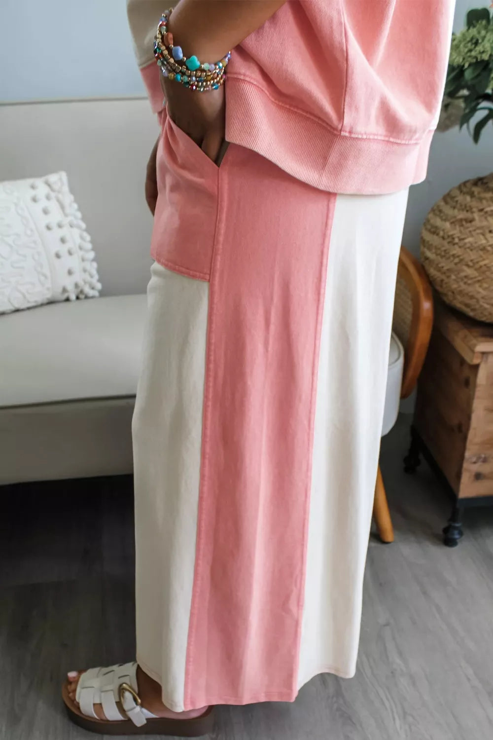 Two-tone Color Block Patchwork Tee Drawstring Loose Pant Set