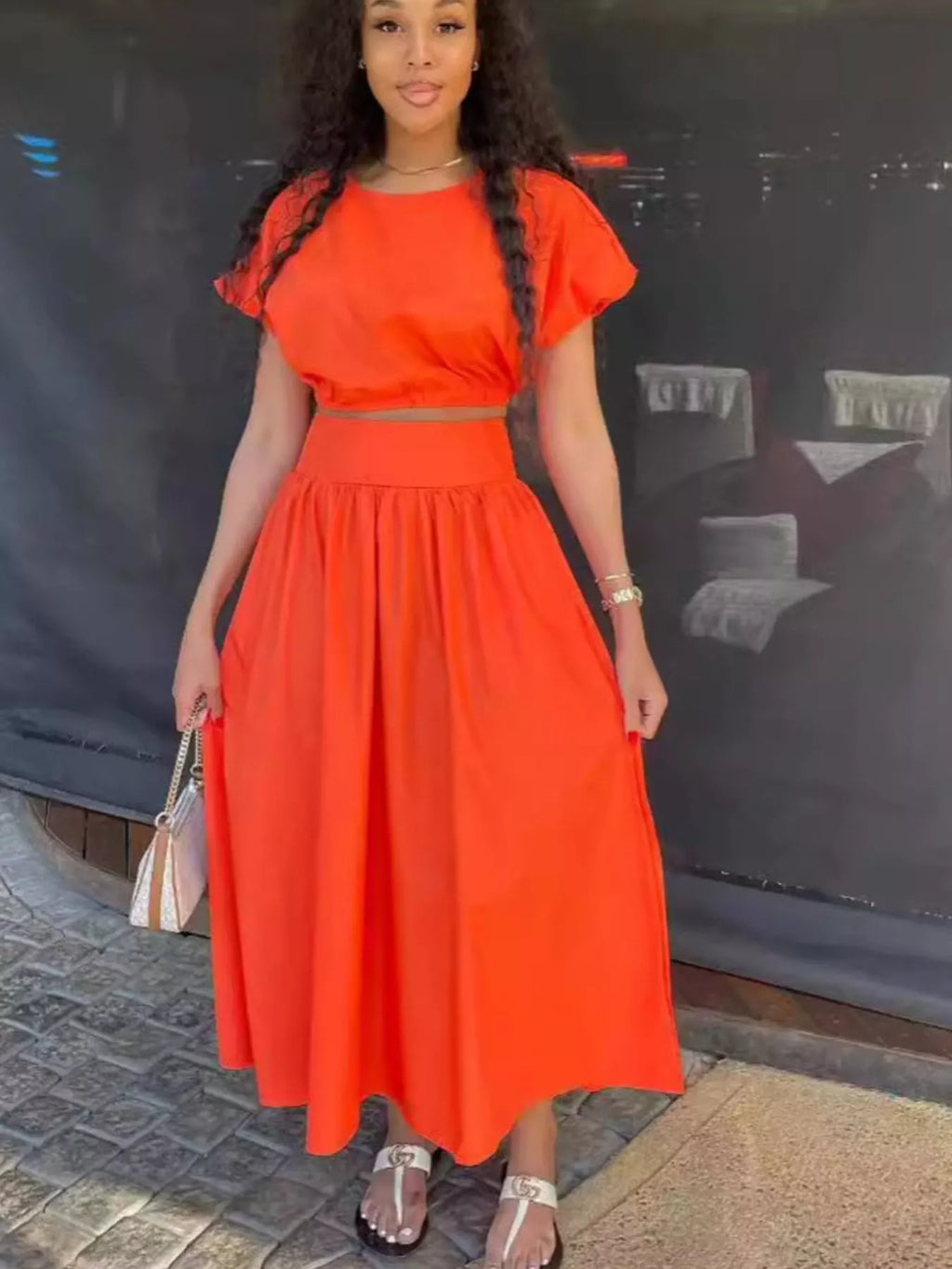 Short Sleeve Crop Top and Skirt Set