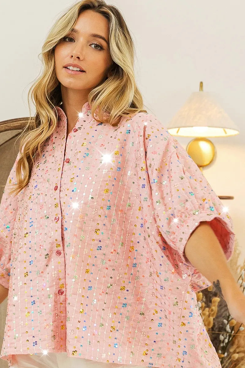 BiBi Sequin Striped Short Dolman Sleeve Blouse