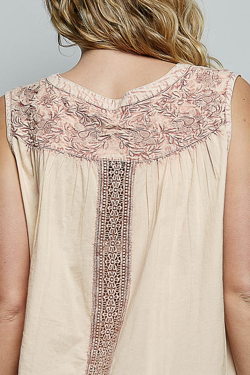 POL Button Down Round Neck Tank with Crochet Contrast