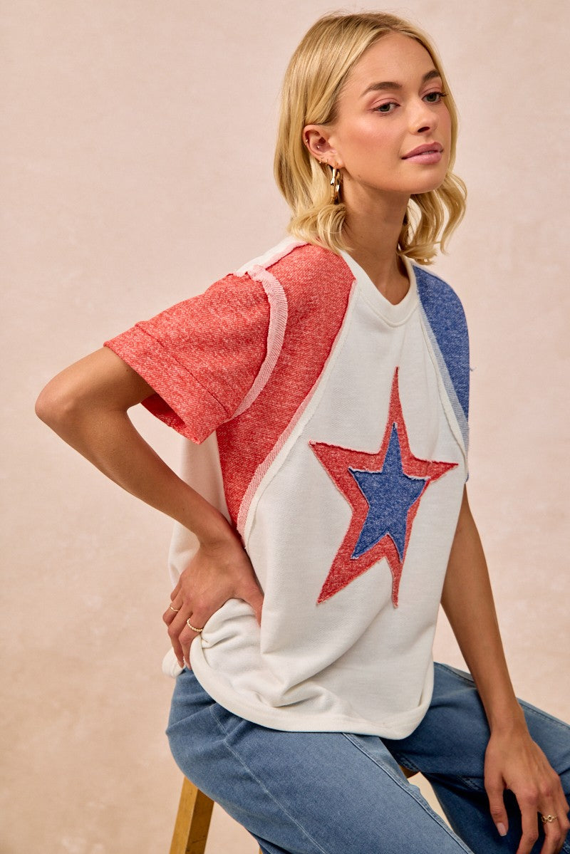 BiBi Contrast French Terry Cut Edge Detail Fourth Of July Theme T-Shirt