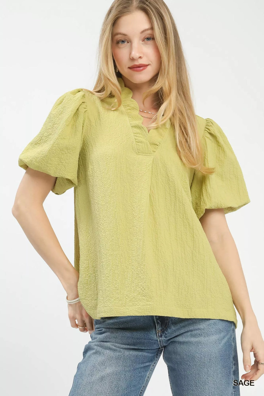 Umgee Seersucker Puff Sleeve Blouse