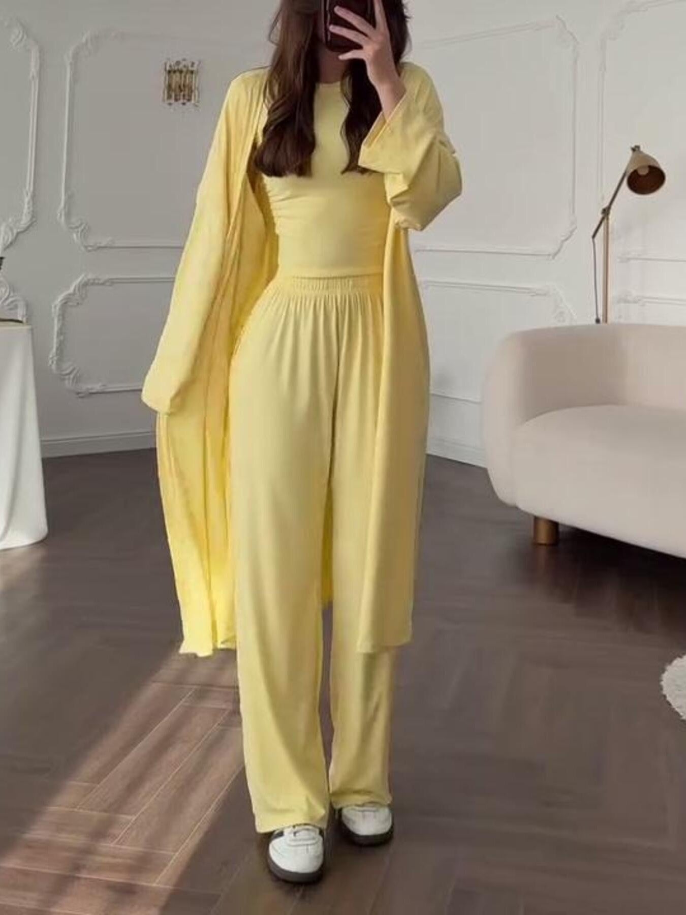Full Size Round Neck Top and Wide Leg Pants Set Plus Size