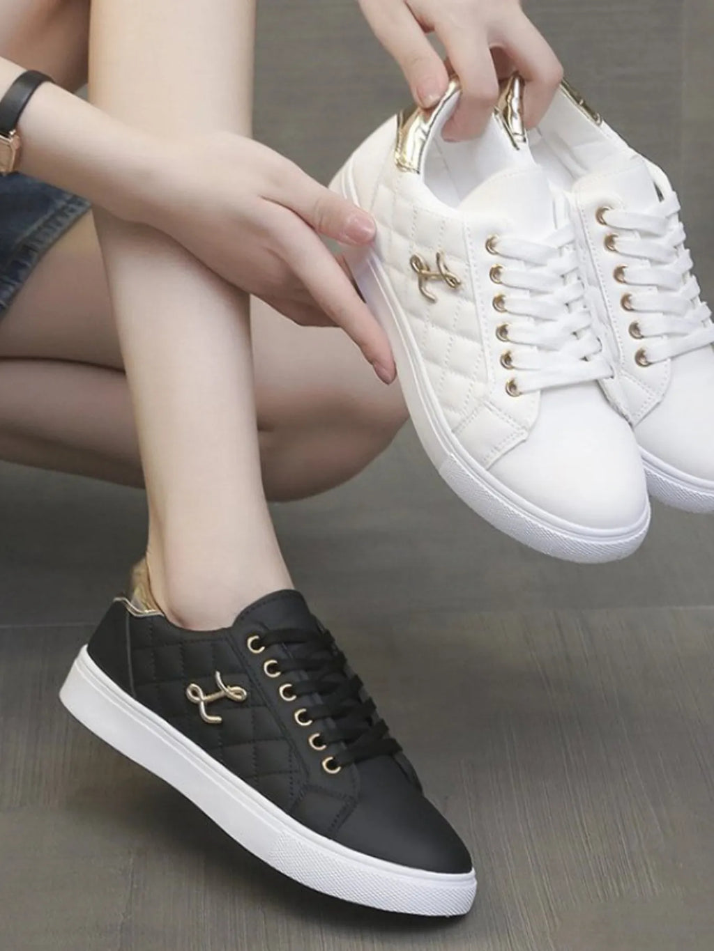 Quilted Platform Sneakers with Metallic Gold Accents