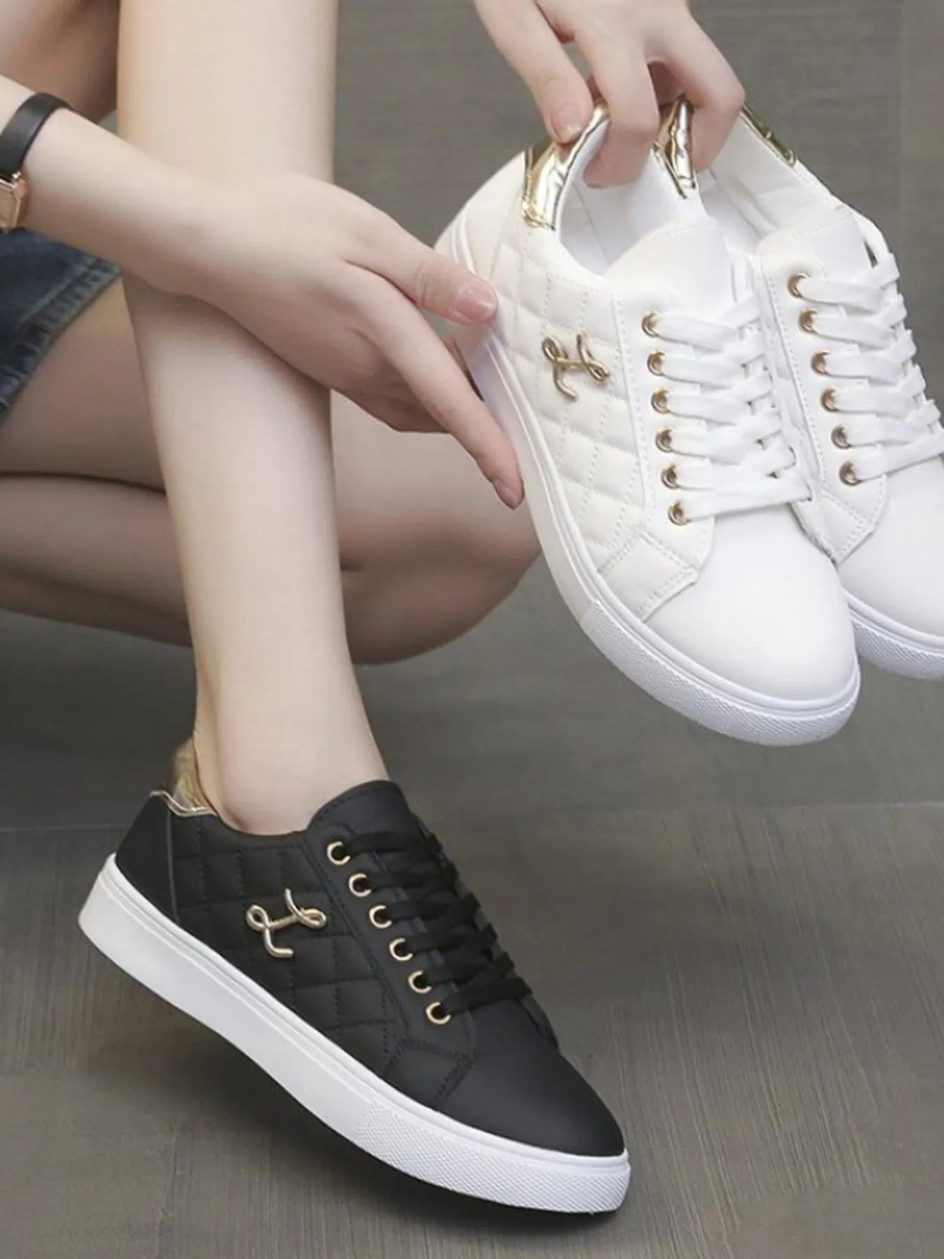 Quilted Platform Sneakers with Metallic Gold Accents