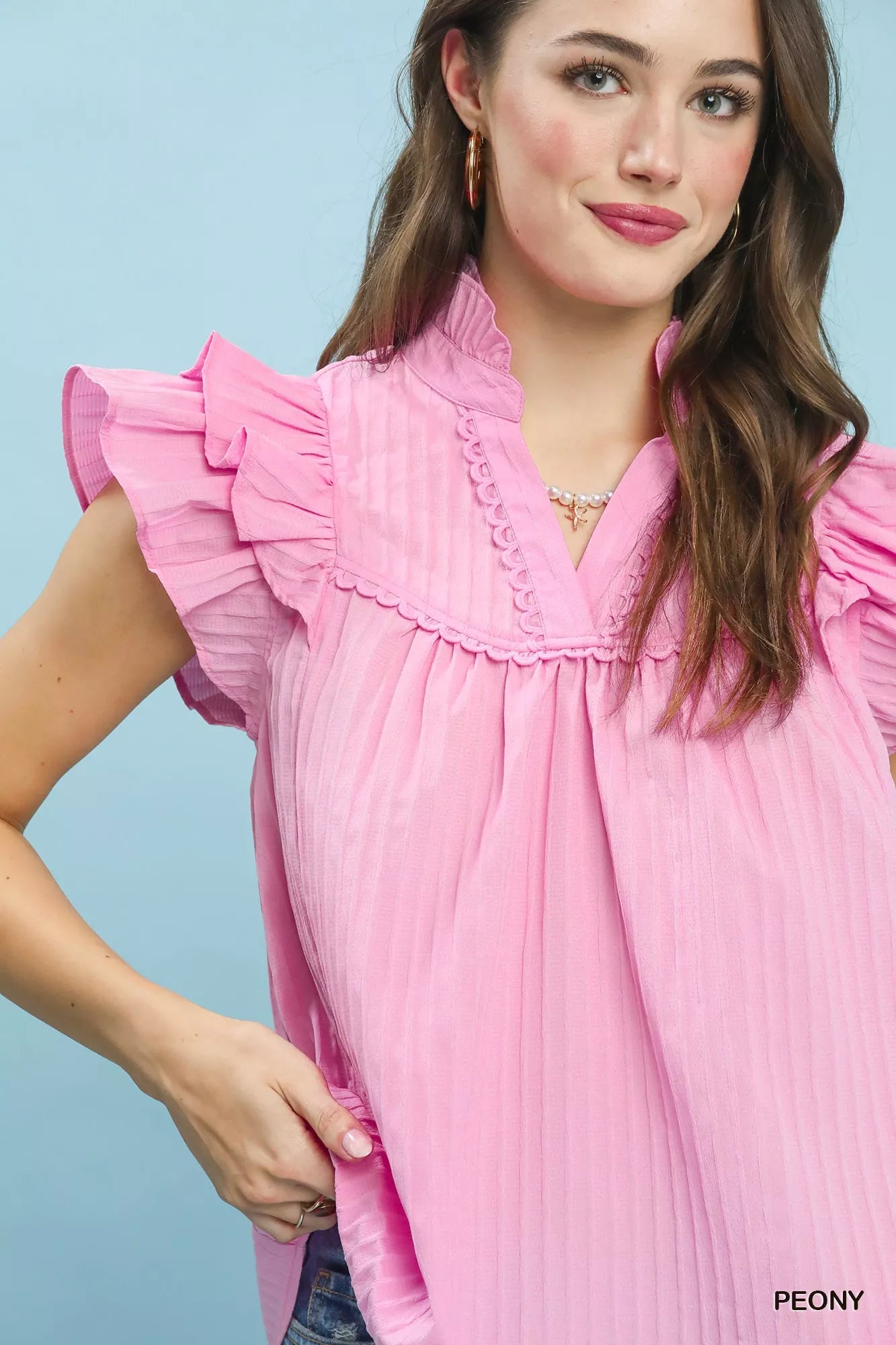 Umgee Ruffle Sleeve Textured Babydoll Blouse