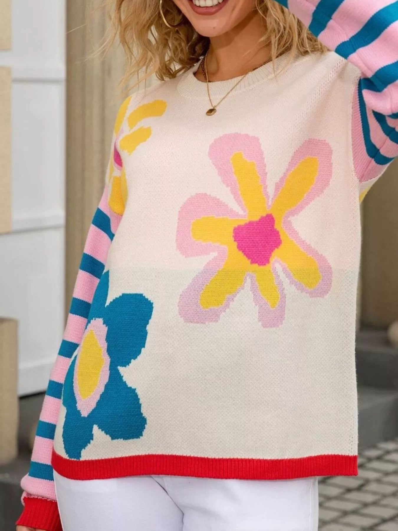 Floral Striped Crew Neck Sweater