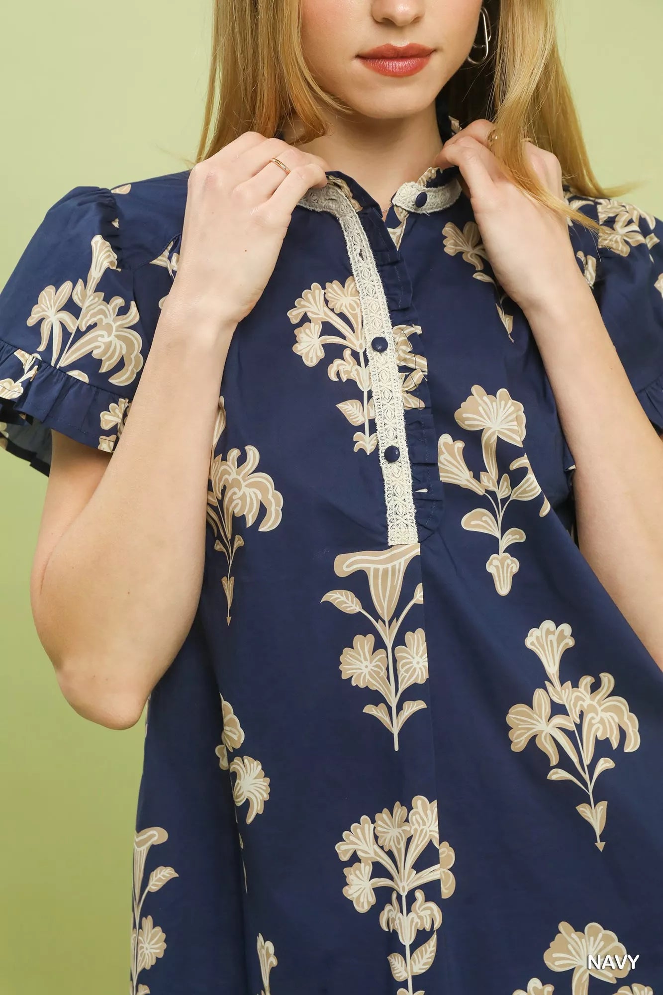 Umgee Floral Ruffle Sleeve Split-Neck Top