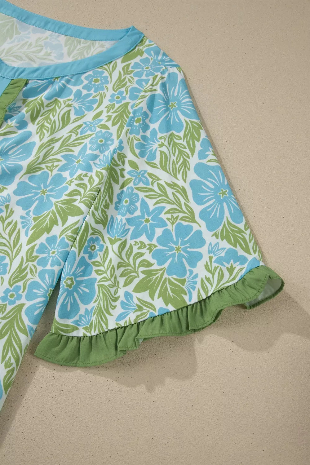 Floral Print Ruffled Color Block Trim Half Sleeve Blouse