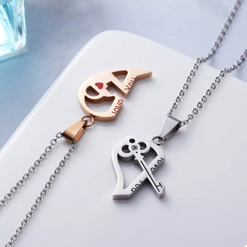 2 Piece Couple Heart Lock Key Necklace
