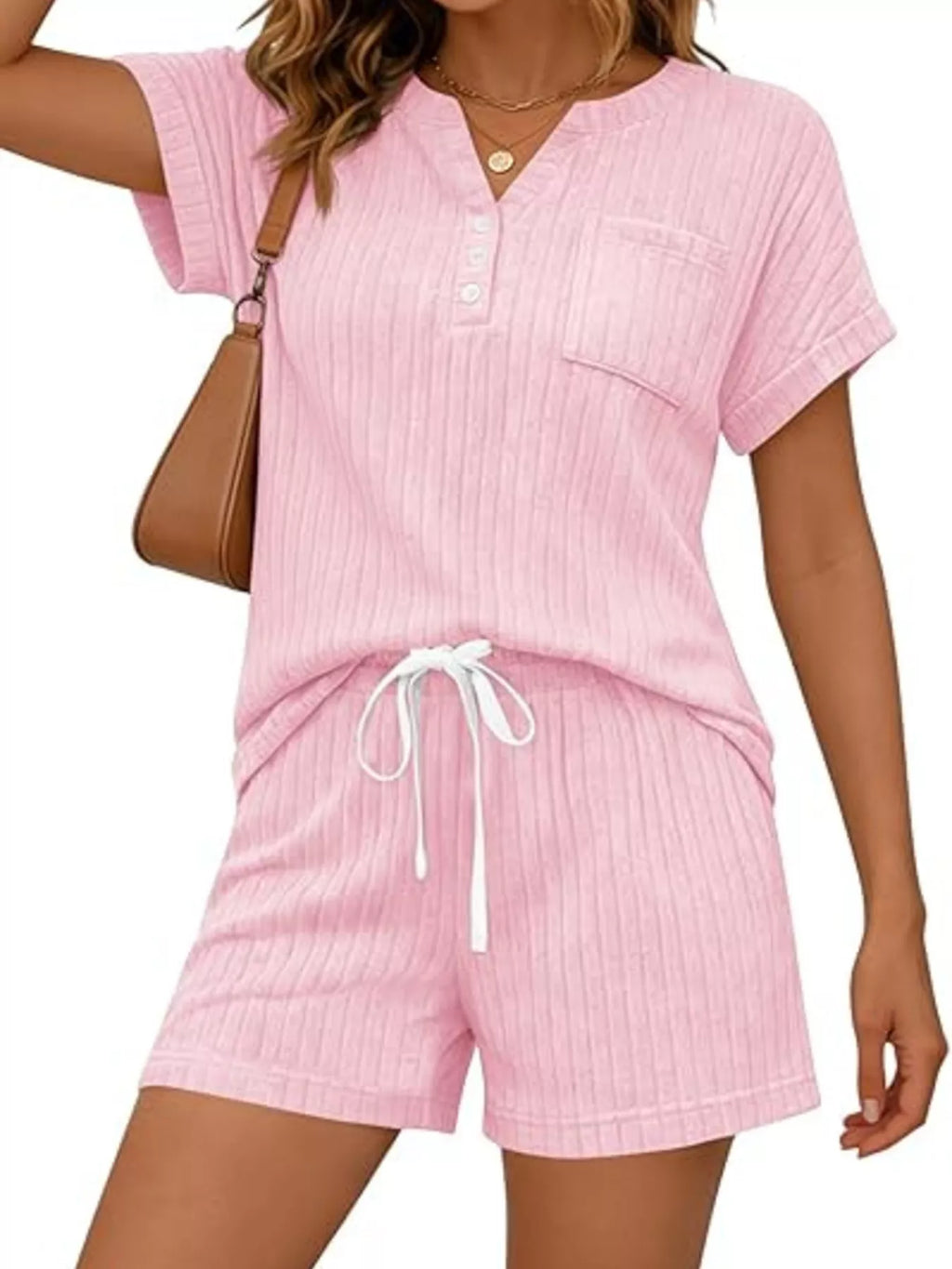 Casual Ribbed Knit Tee and Shorts Set
