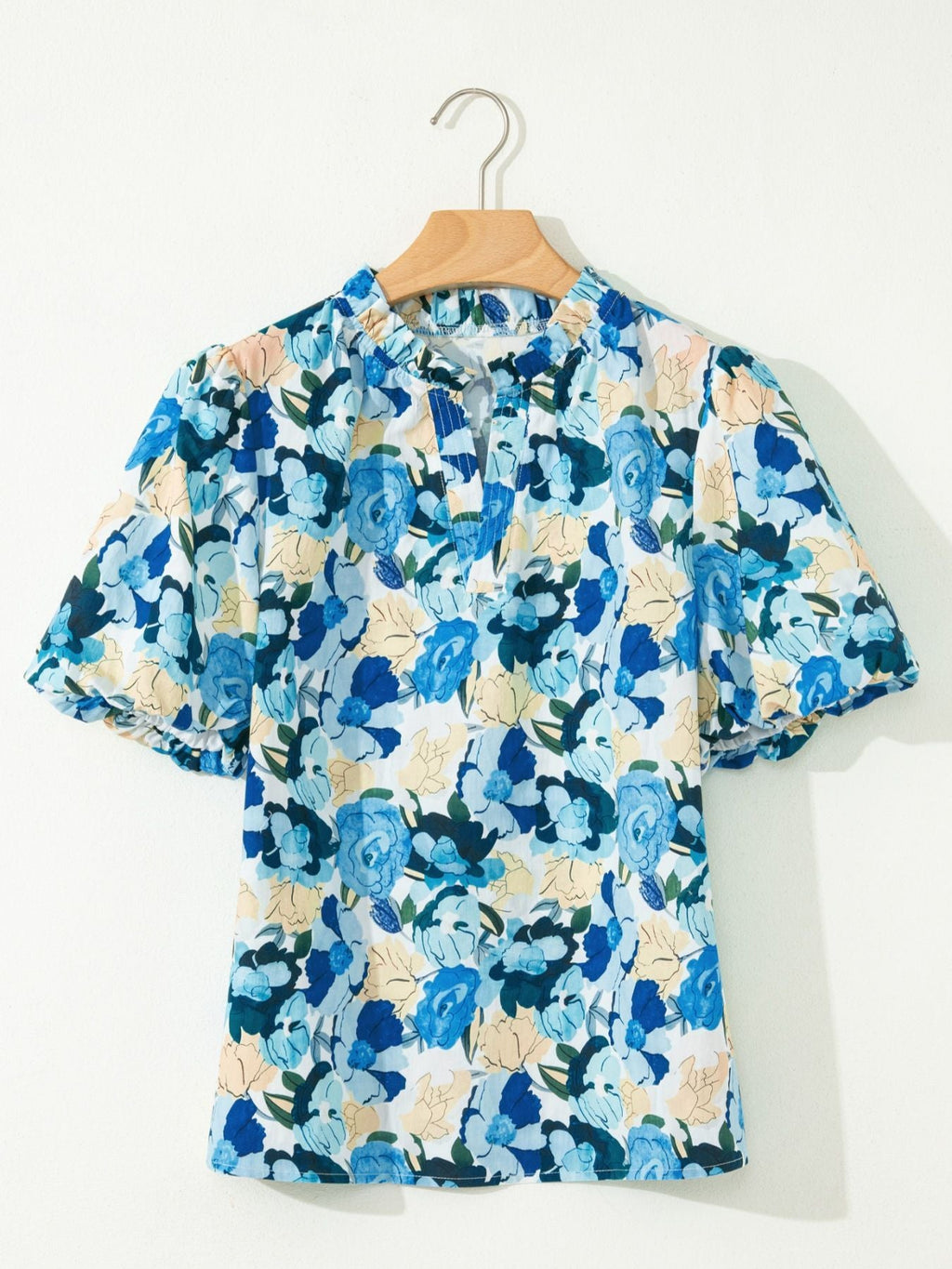 Floral Print Short Puff Sleeve V Neck Blouse