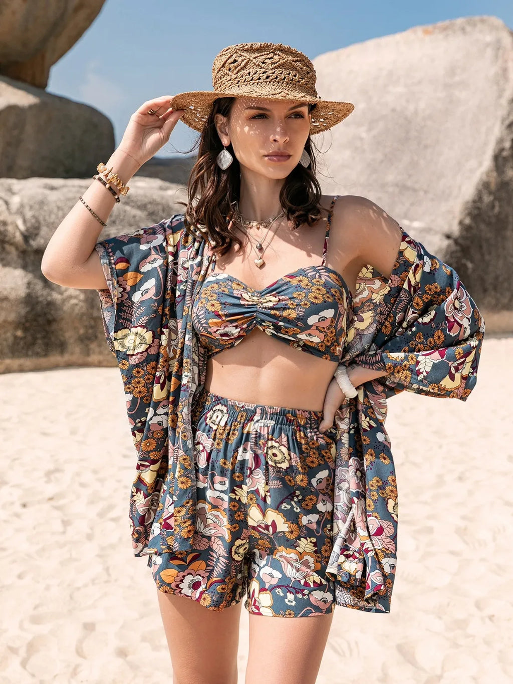 Printed Bra, Cover-Up and Shorts Set