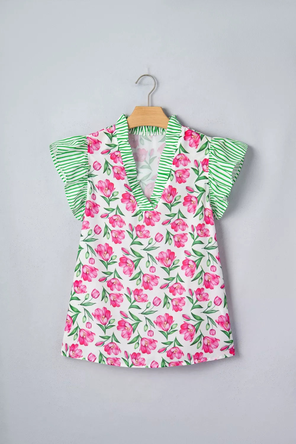 Floral Print Striped Ruffle Trim V Neck Blouse