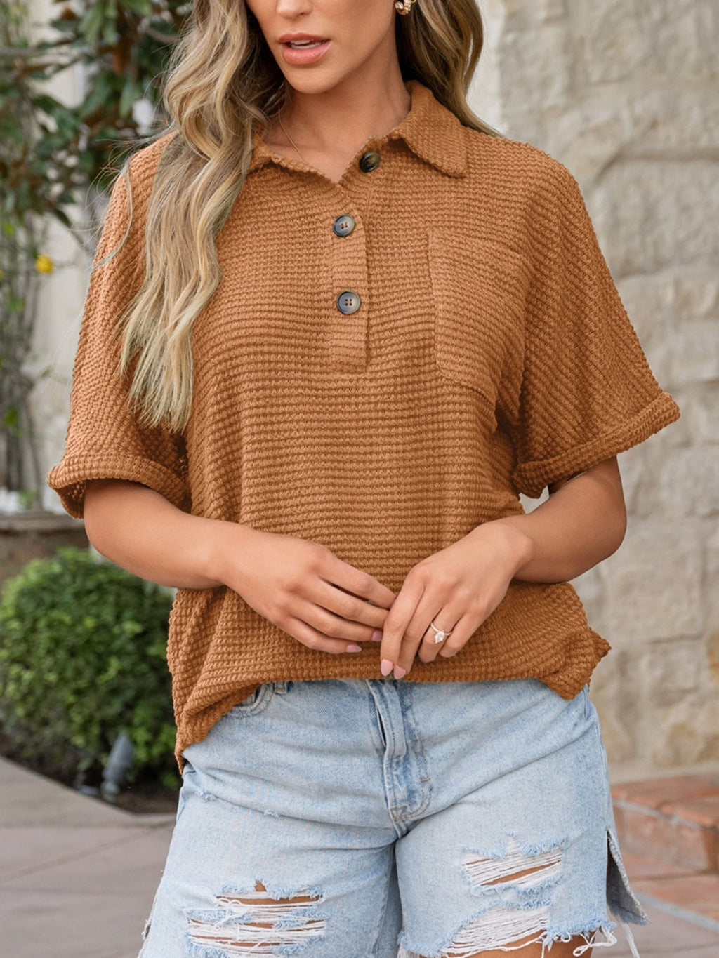Textured Knit Button Detail Top
