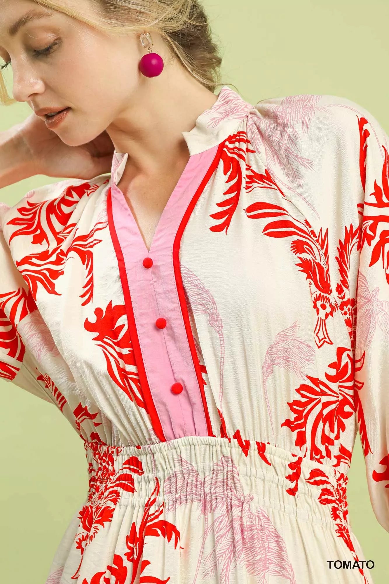 Umgee Tropical Print Button Detail Midi Dress