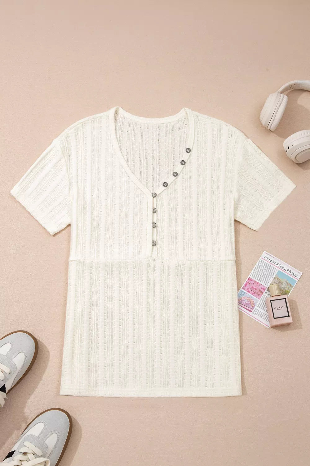 Ribbed Knit Button Detail V-Neck T-Shirt