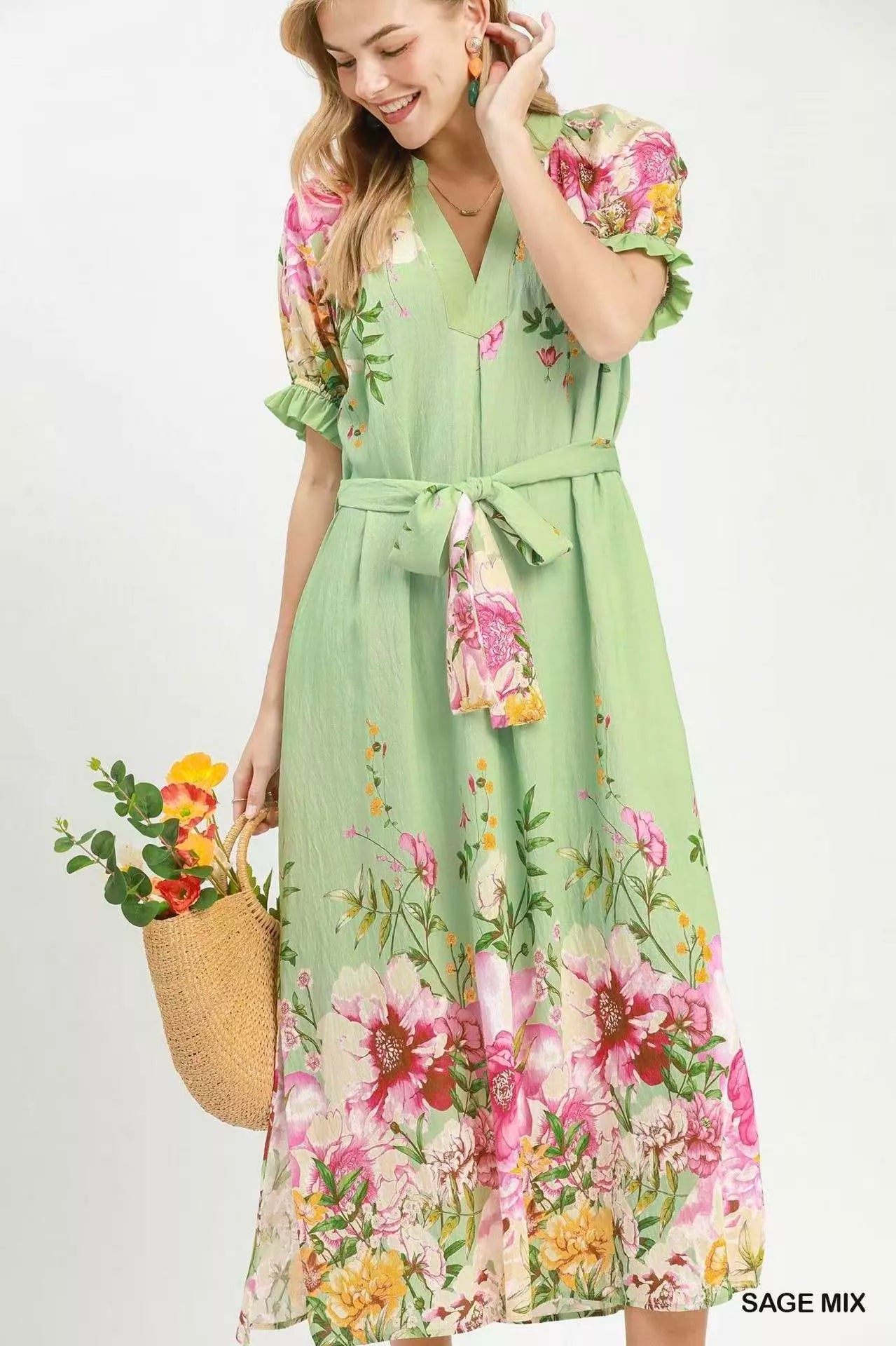 Umgee Mix Floral Border Print Midi Dress