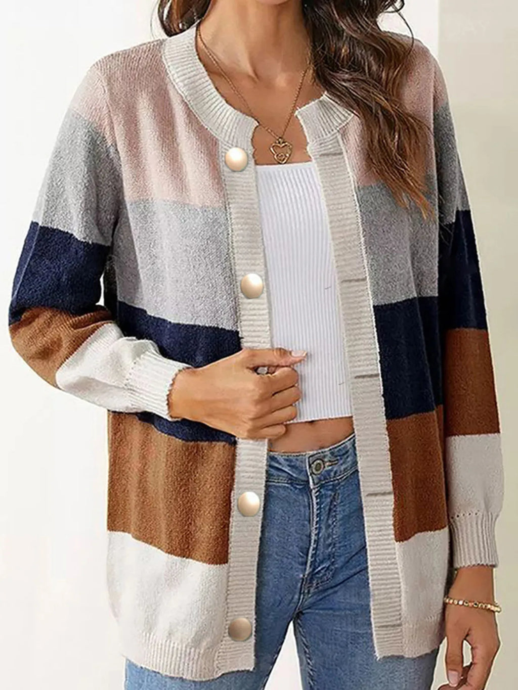 Color Block Button-Up Knit Cardigan