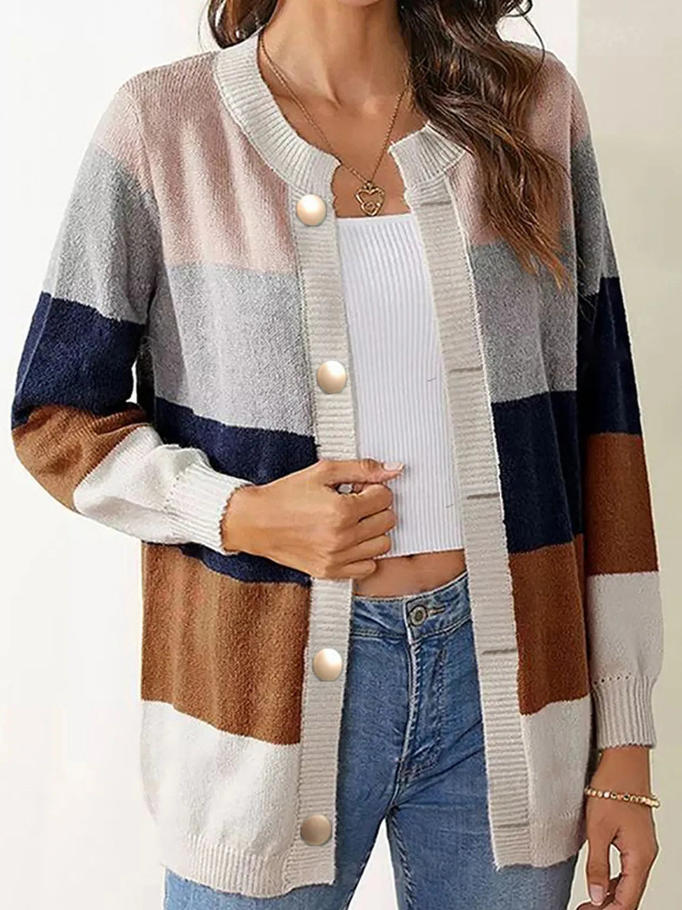 Color Block Button-Up Knit Cardigan
