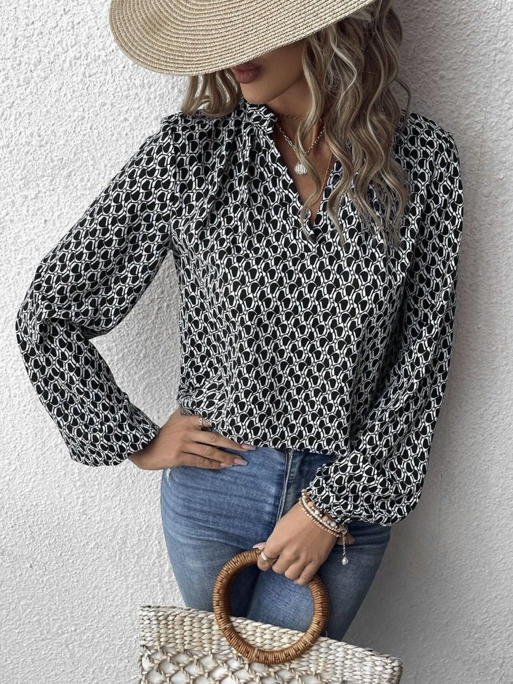 Printed Notched Balloon Sleeve Blouse