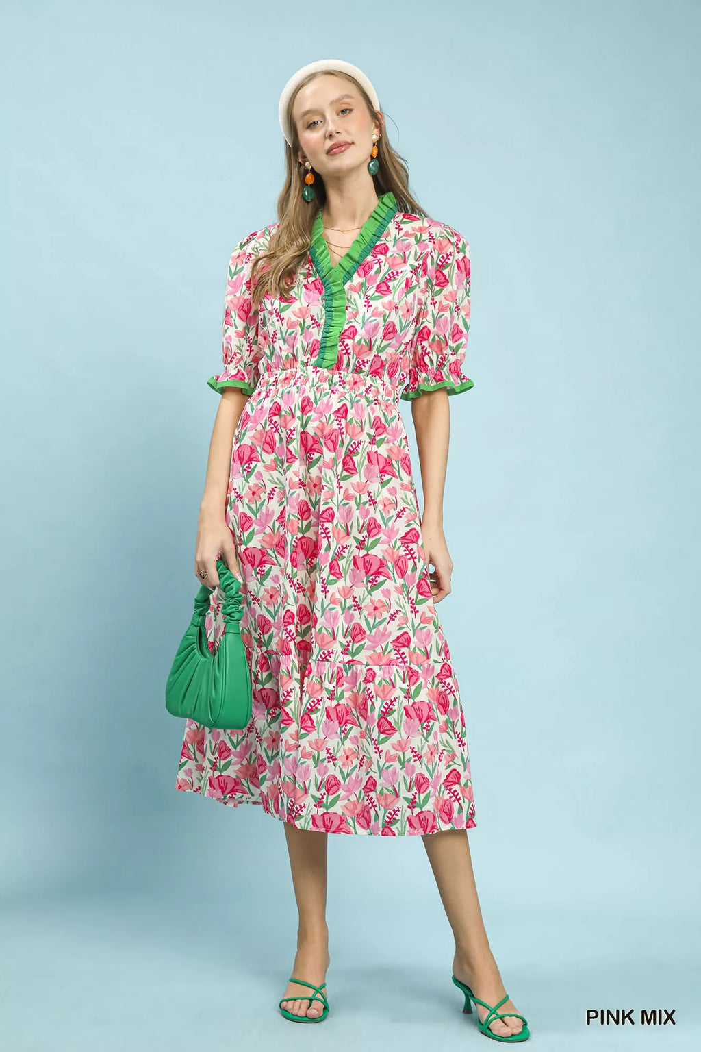 Umgee Floral Ruffle Trim Tiered Midi Dress