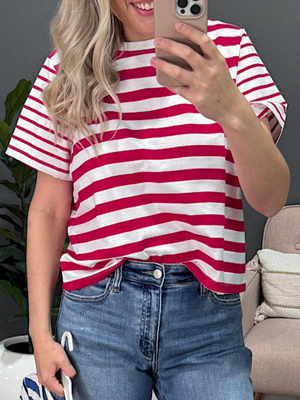 Stripe Patchwork Round Neck T Shirt