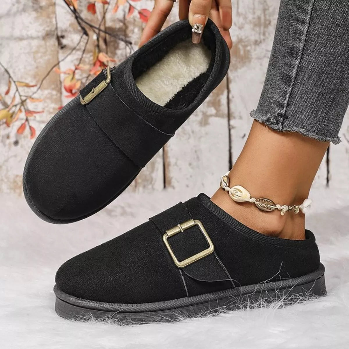 Buckle Decor Plush Lined Warm Slippers