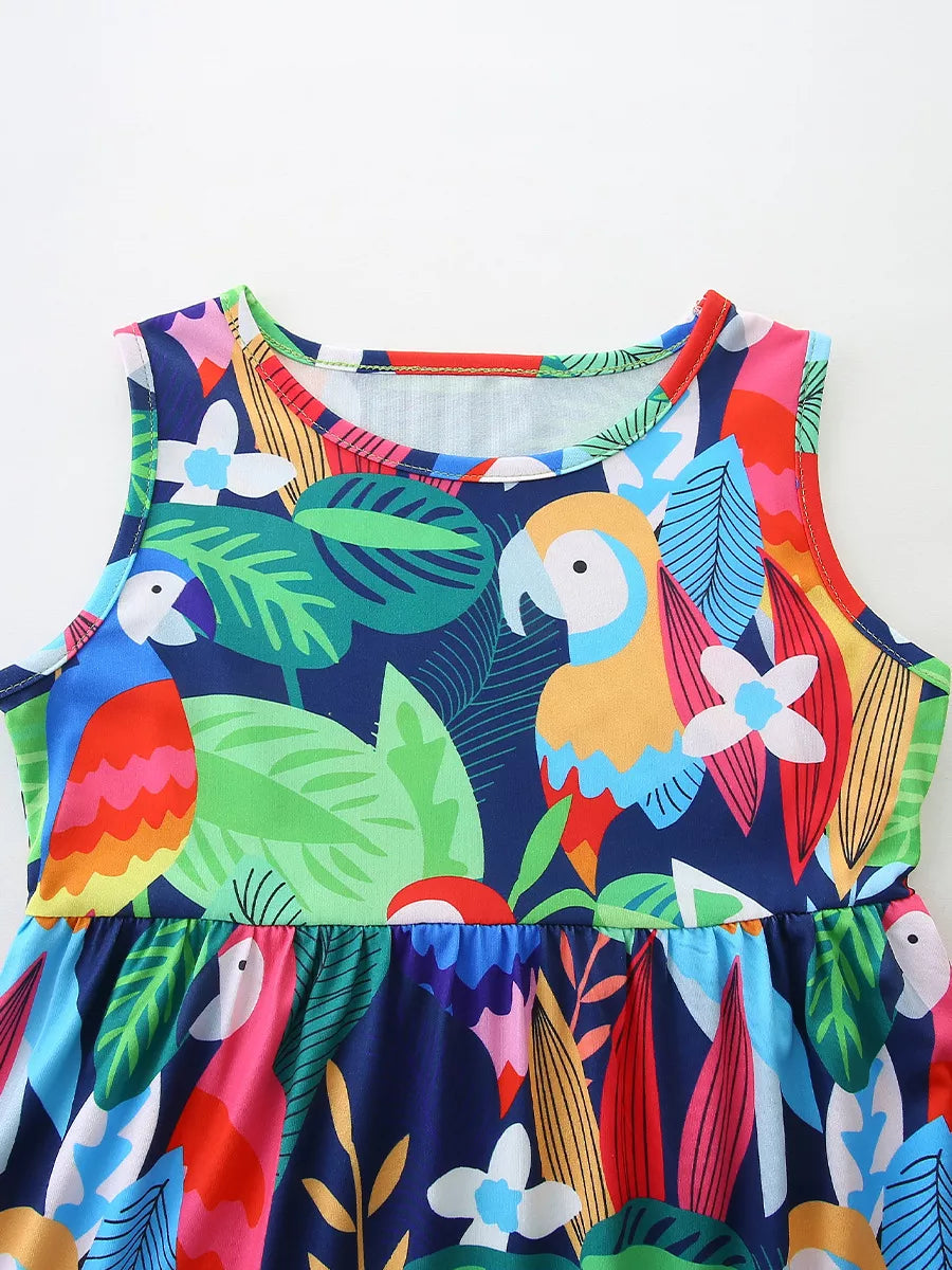 Children's Tropical Parrot Print Sleeveless A-Line Dress