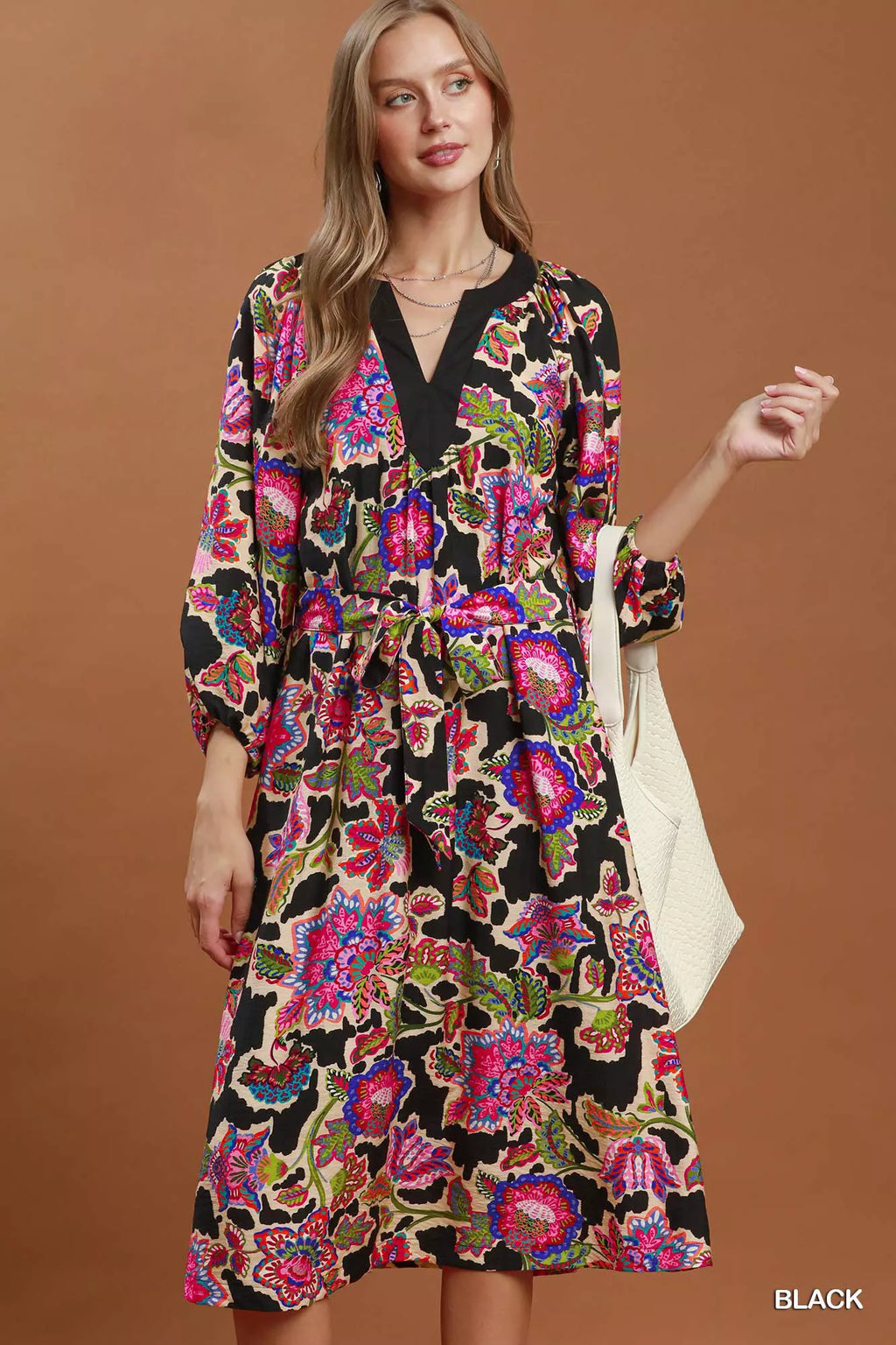 Umgee Abstract Print Embroidered Belted Midi Dress