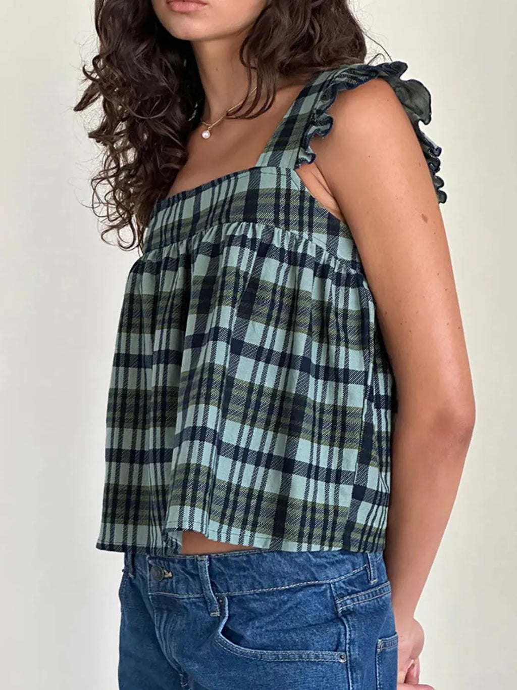 Ruffled Plaid Square Neck Tank
