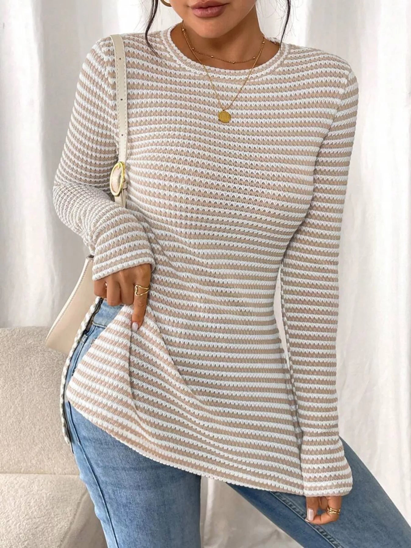 Slit Striped Long Sleeve Casual T-Shirt