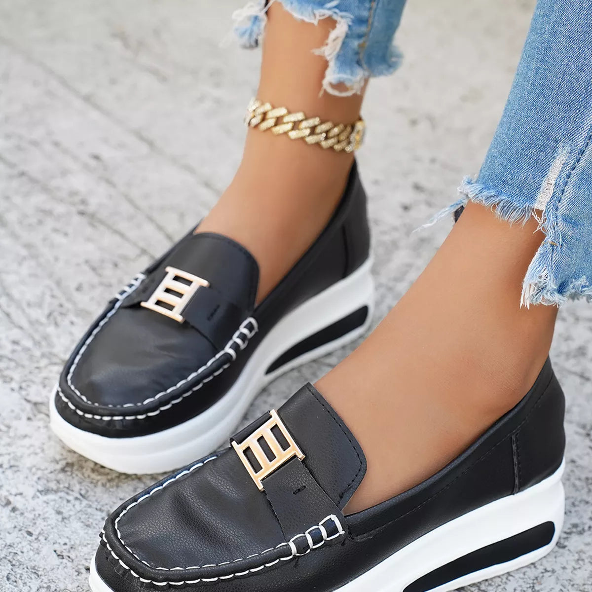 Metal Buckle Round Toe Slip-Ons