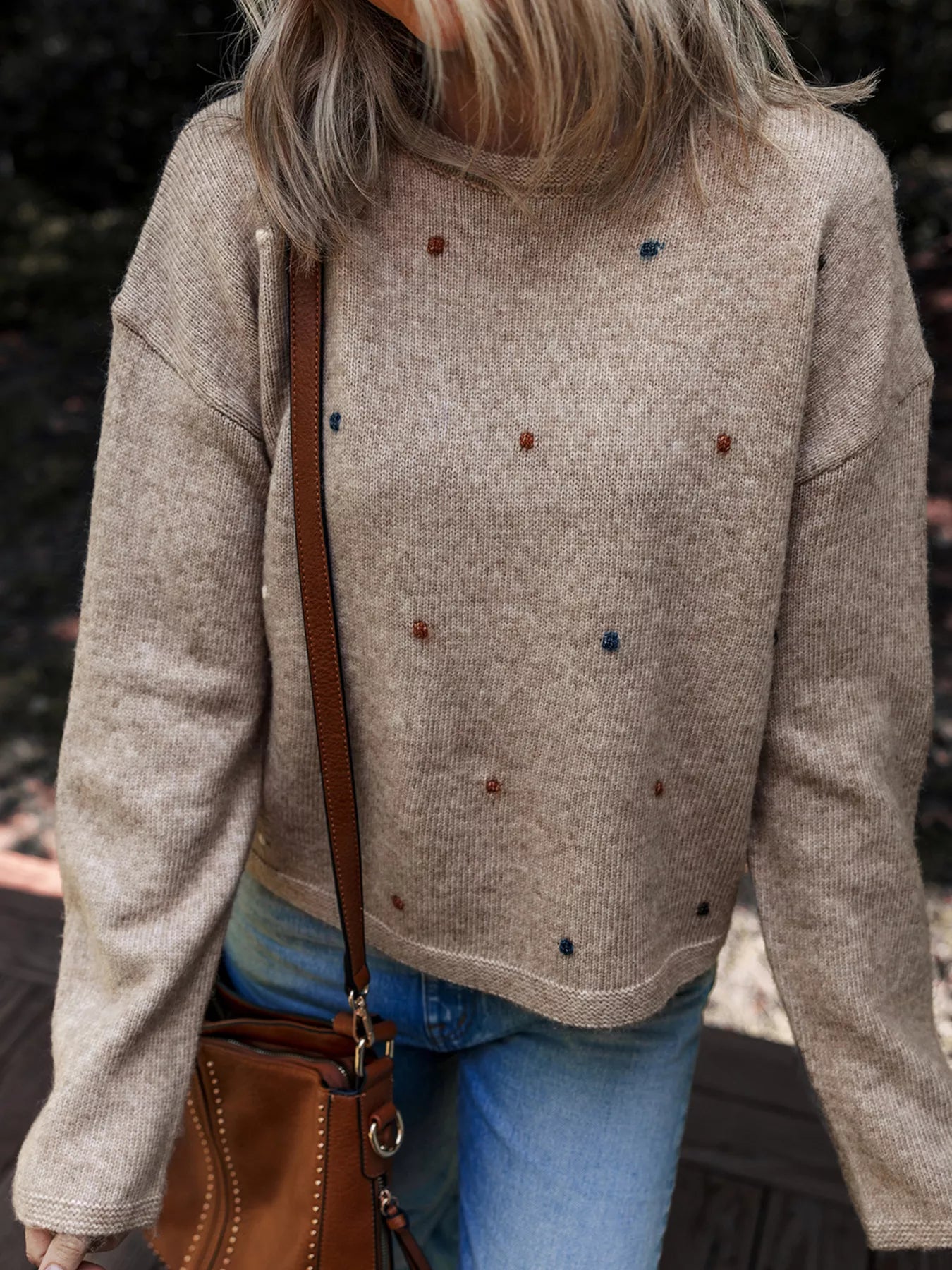 Contrast Colored Dot Detail Drop Shoulder Sweater