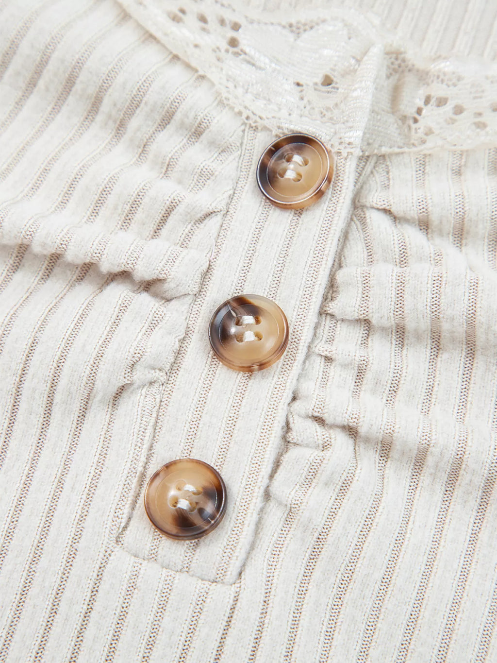 Lace Neckline Button Decor Lettuce Edge Long Sleeve Ribbed Top