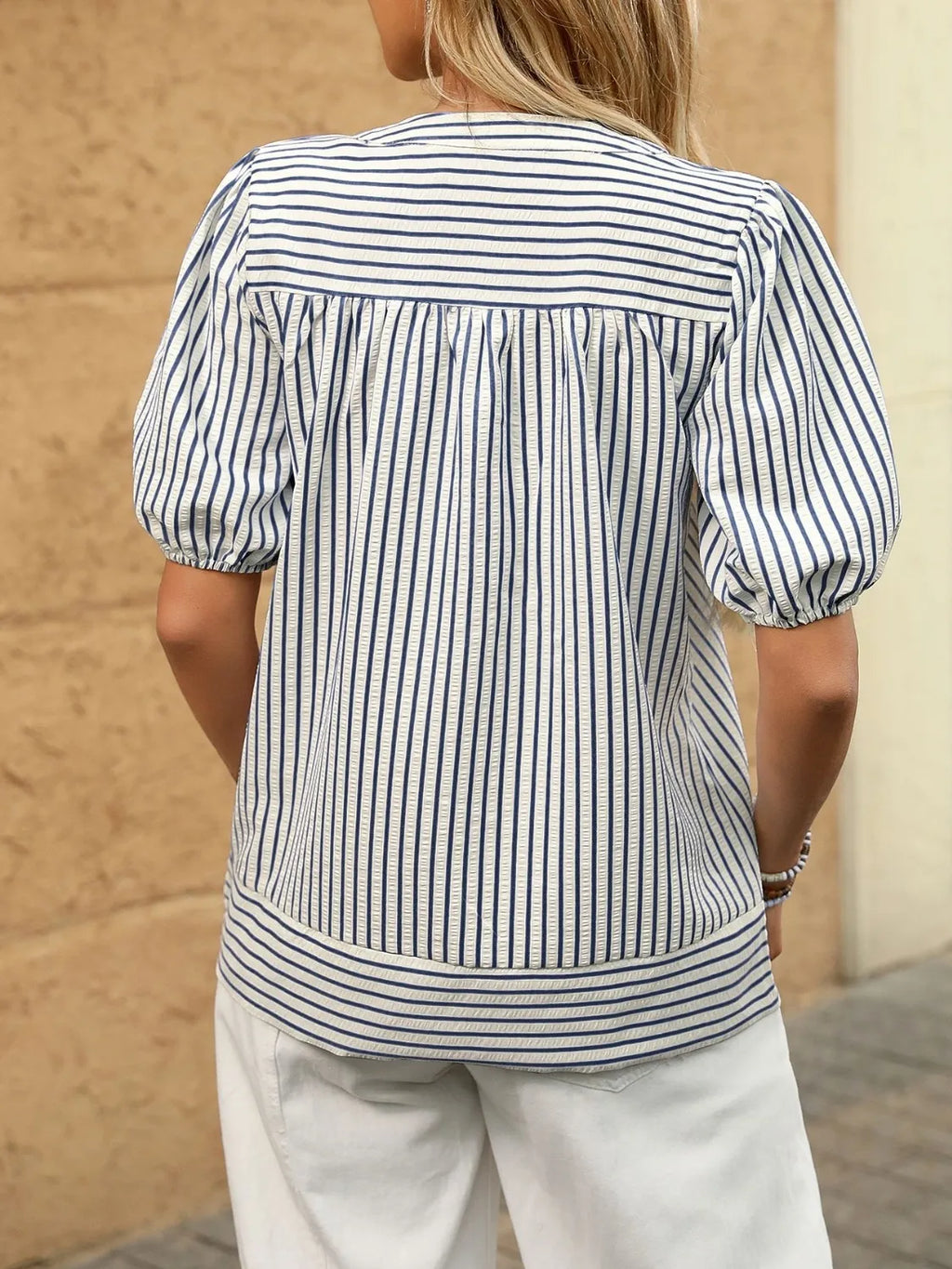 Striped Notched Puff Sleeve Blouse
