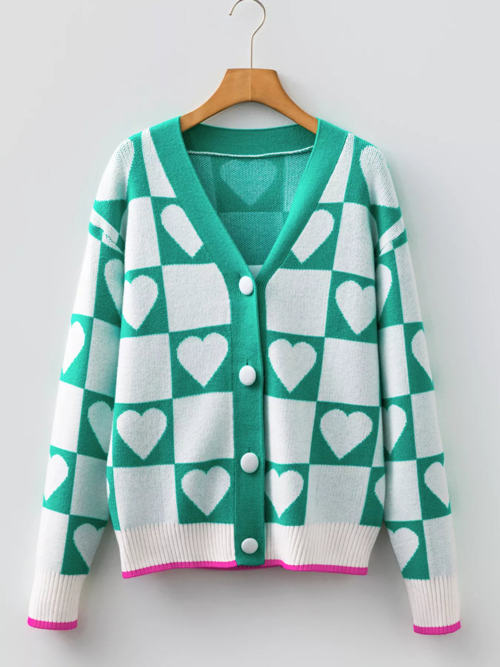 Plaid Heart Knit V Neck Button Down Sweater Cardigan