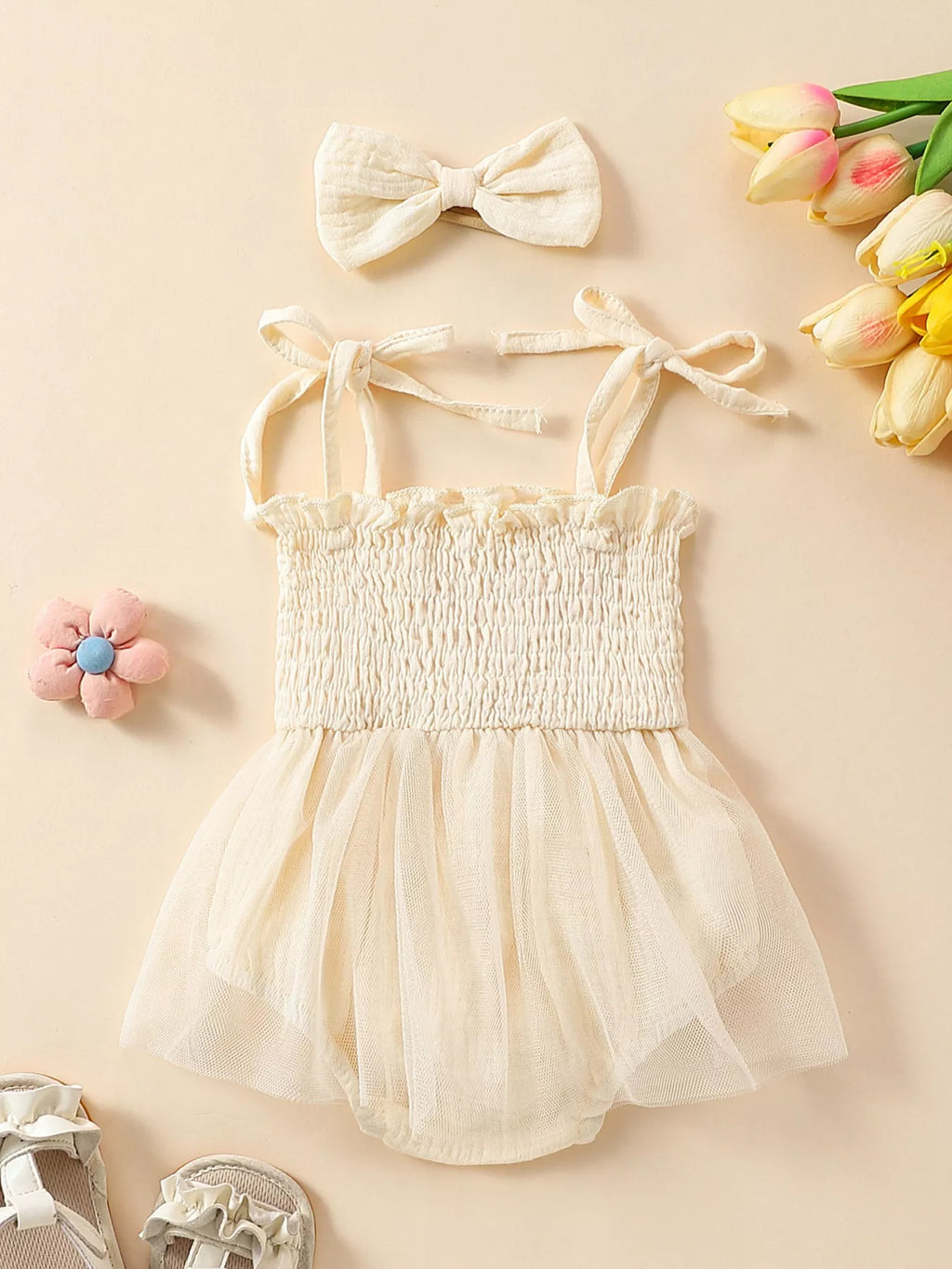 Children's Smocked Tie Shoulder Bodysuit & Headband Set