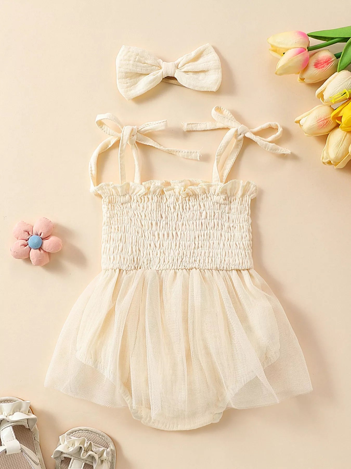 Children's Smocked Tie Shoulder Bodysuit & Headband Set
