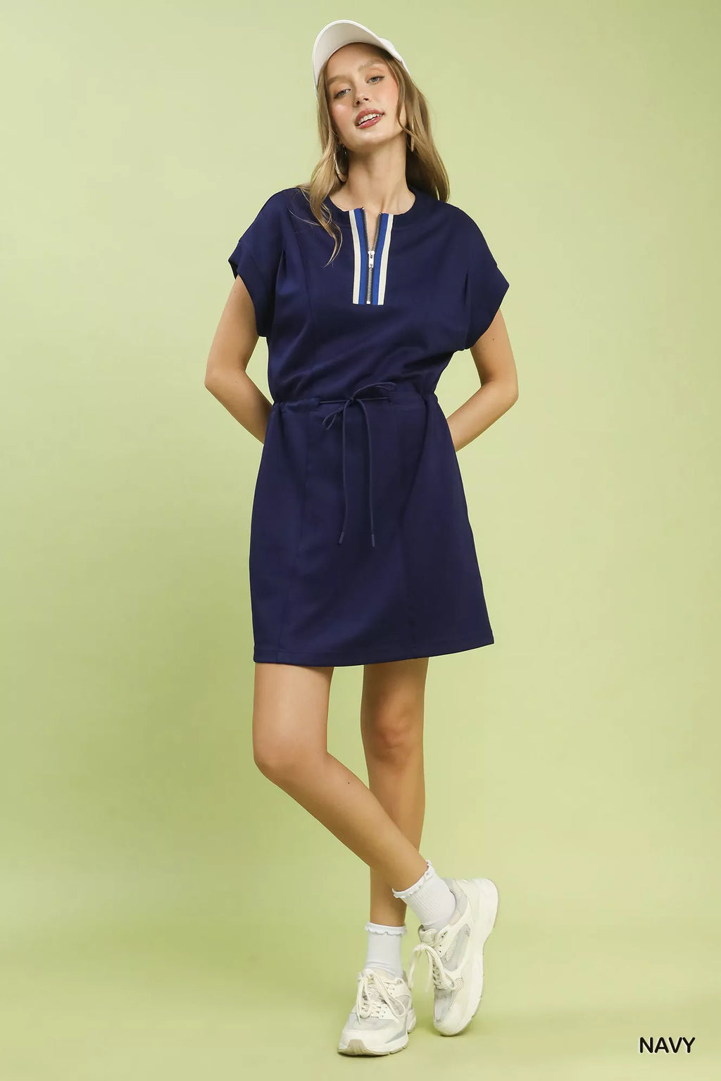 Umgee Knit Zip Front Drawstring Dress