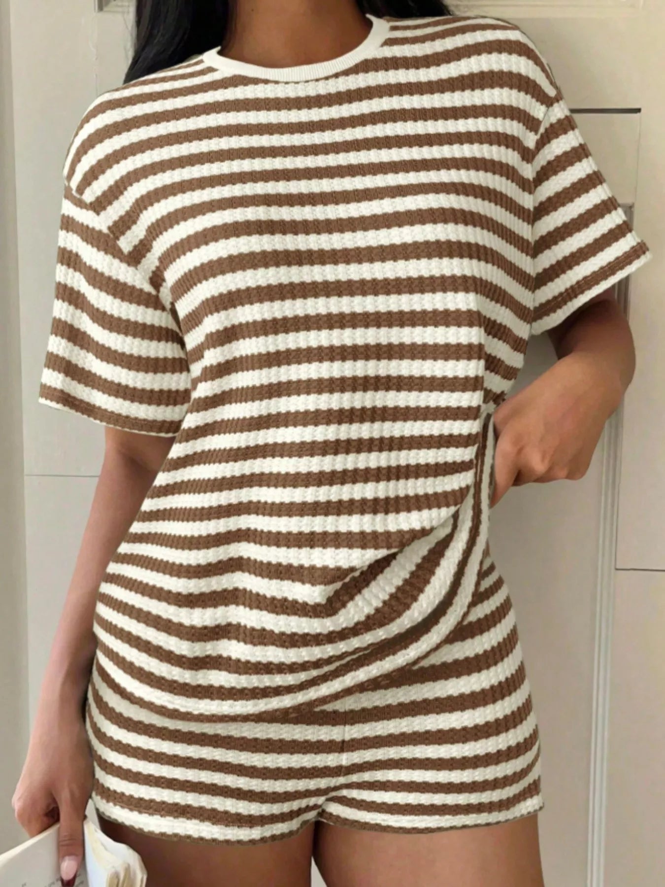 Striped Round Neck Top and Shorts Set